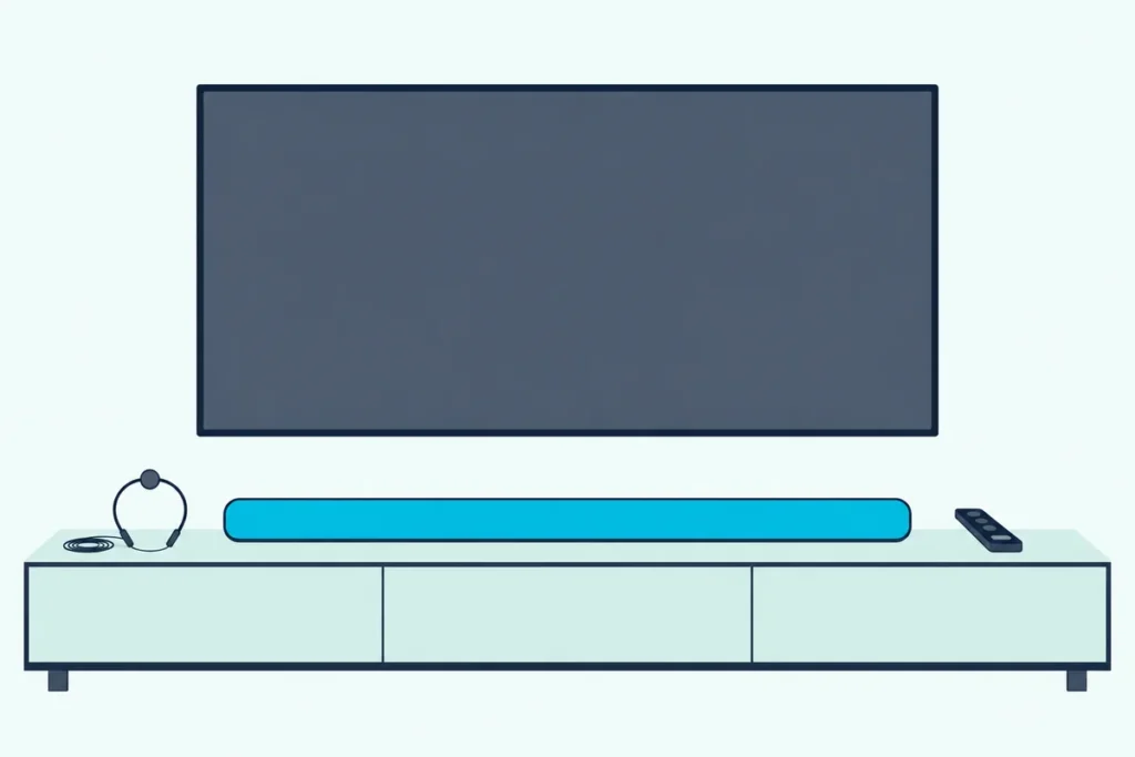 Slim soundbar on a wooden console under a TV with a blank screen, a remote and a small calibration headset beside it