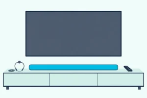 Slim soundbar on a wooden console under a TV with a blank screen, a remote and a small calibration headset beside it