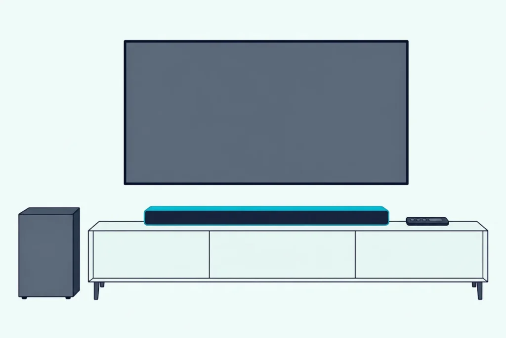 Slim soundbar on a wooden console under a TV with a blank screen, a remote beside it and a subwoofer on the floor