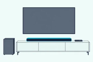 Slim soundbar on a wooden console under a TV with a blank screen, a remote beside it and a subwoofer on the floor
