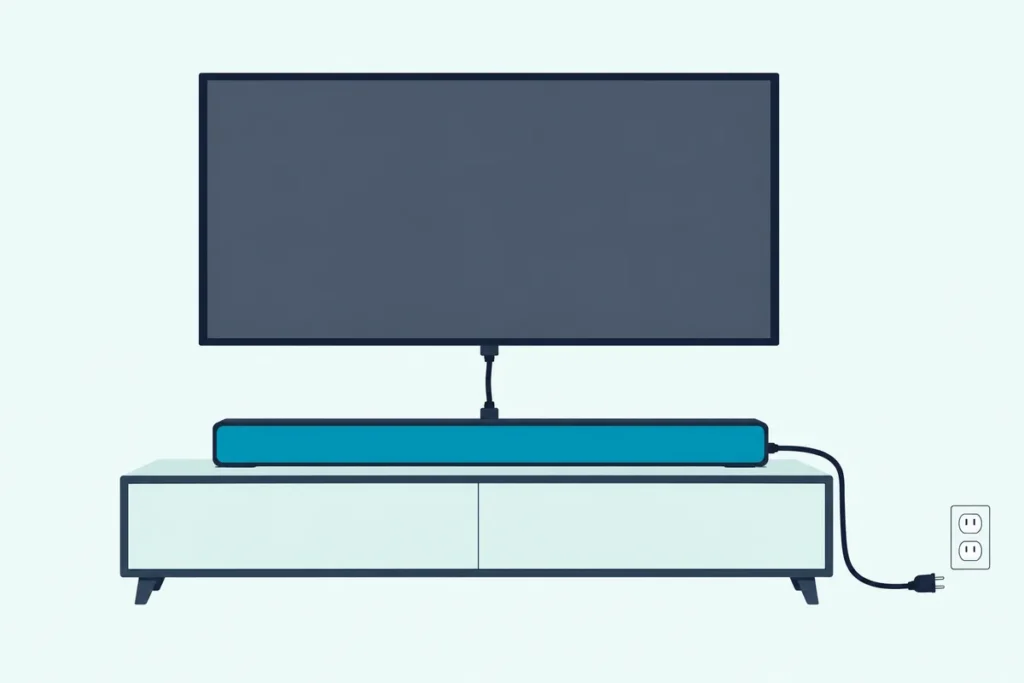 Soundbar under a TV with a blank screen, its power cord unplugged on the floor beside a wall outlet