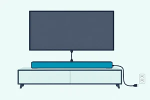 Soundbar under a TV with a blank screen, its power cord unplugged on the floor beside a wall outlet