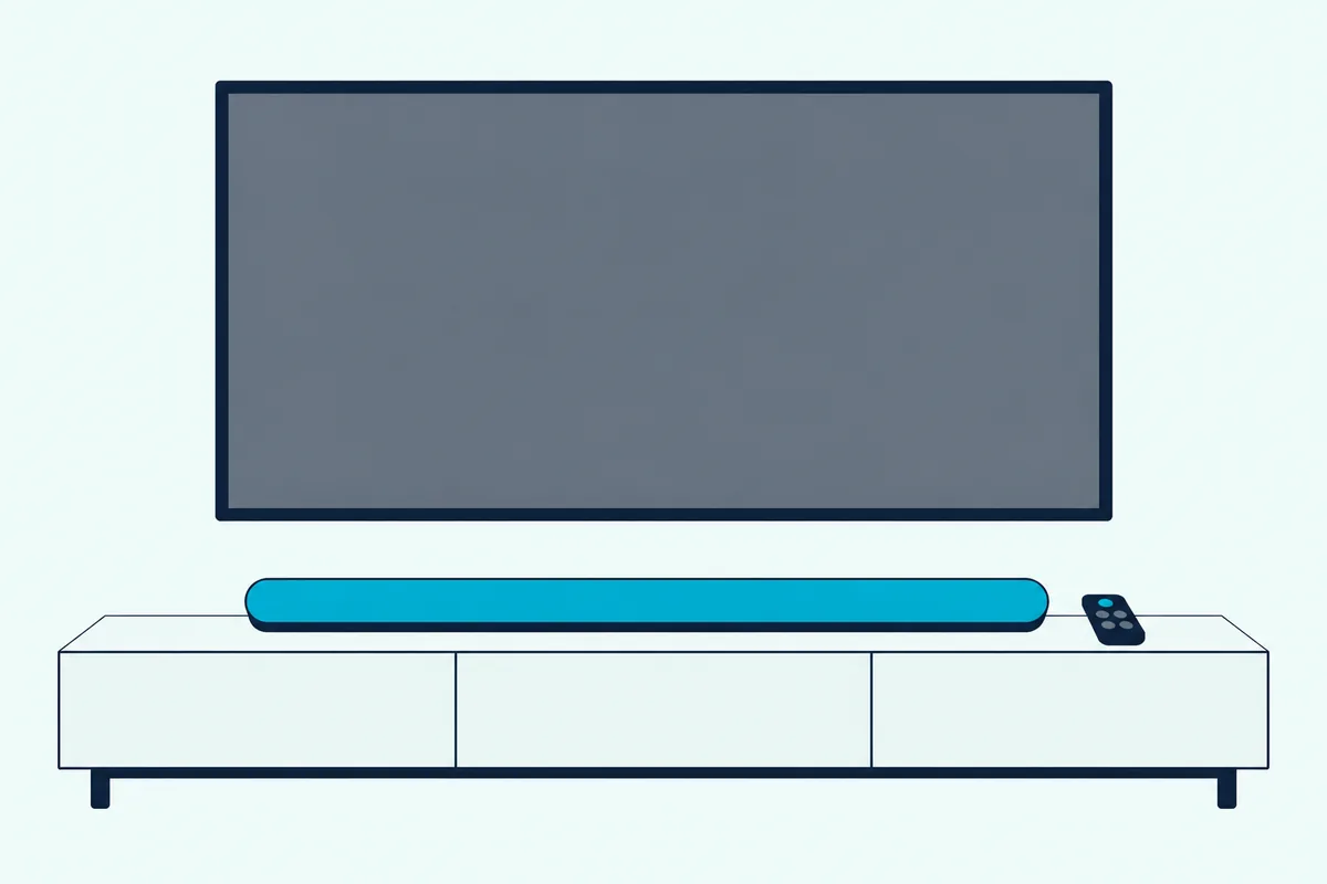 Soundbar on a low stand under a TV with a blank screen, with a small remote lying on the stand beside it