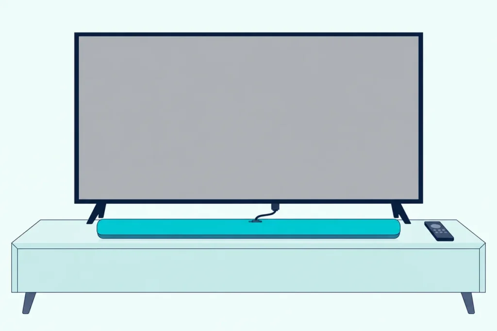 Long soundbar on a low console under a TV with a blank screen, one cable between them and a plain remote beside it