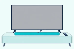 Long soundbar on a low console under a TV with a blank screen, one cable between them and a plain remote beside it