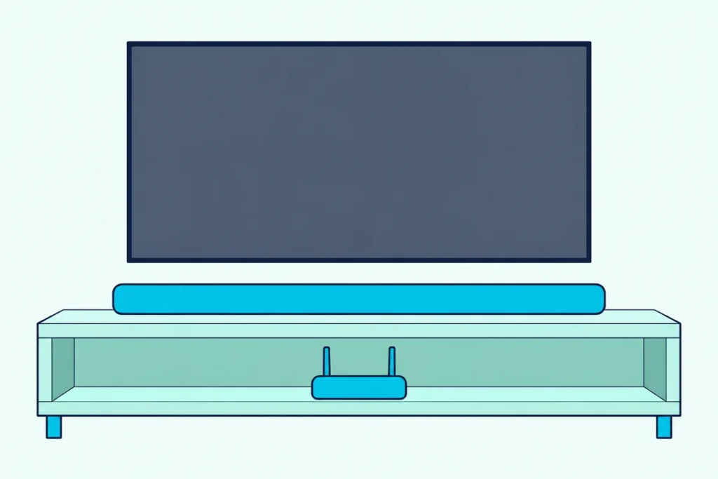Soundbar on a console under a TV with a blank screen, with a small home router on the shelf below