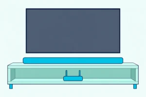 Soundbar on a console under a TV with a blank screen, with a small home router on the shelf below