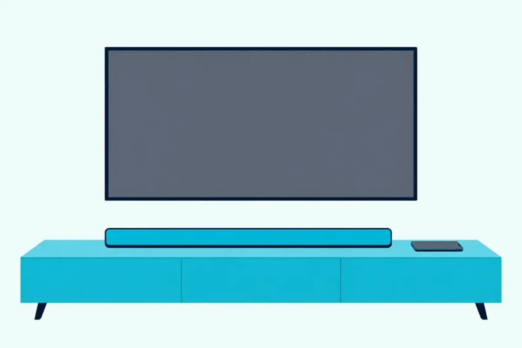 Soundbar on a wooden console under a TV with a blank screen, with a smartphone lying on the console beside it