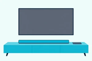 Soundbar on a wooden console under a TV with a blank screen, with a smartphone lying on the console beside it