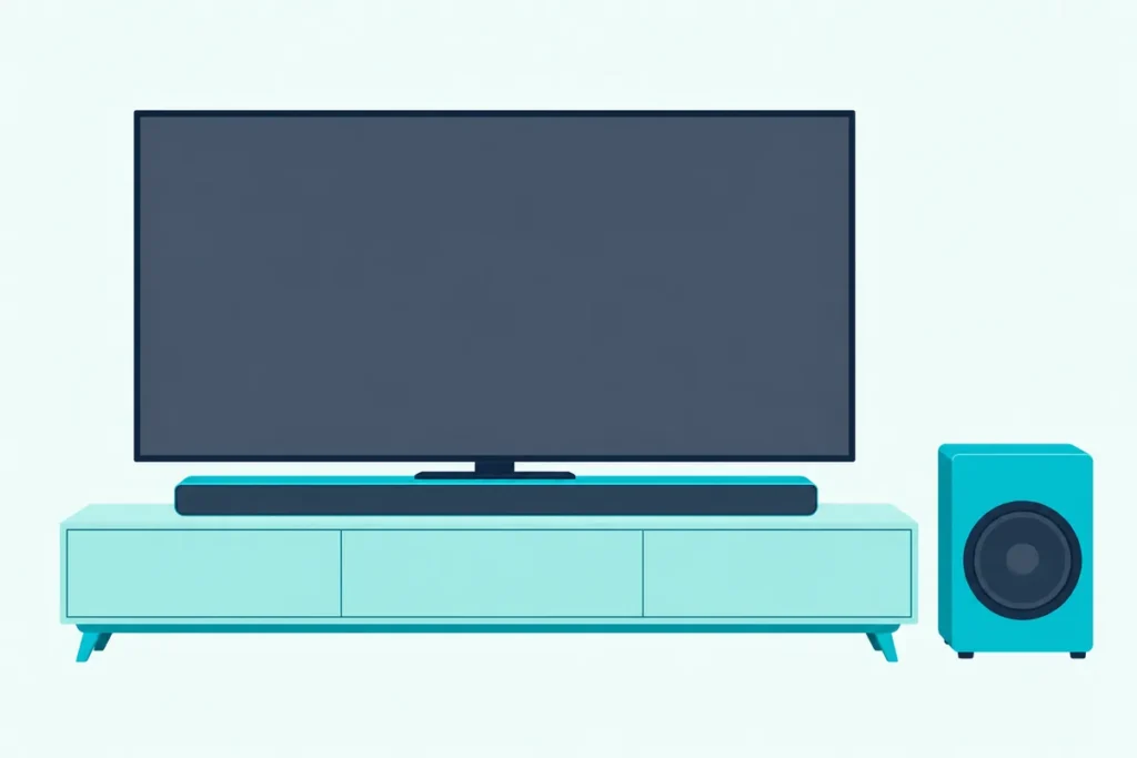 Soundbar under a TV on a low stand, with a wireless subwoofer standing on the floor beside it