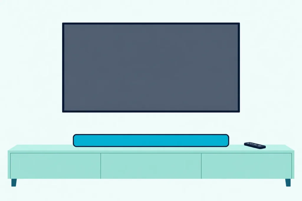 Slim soundbar on a console under a wall-mounted TV with a blank screen, a remote beside it and no cable between them