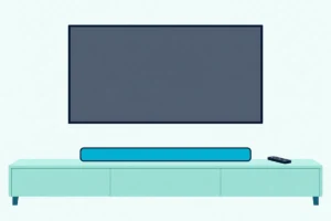 Slim soundbar on a console under a wall-mounted TV with a blank screen, a remote beside it and no cable between them