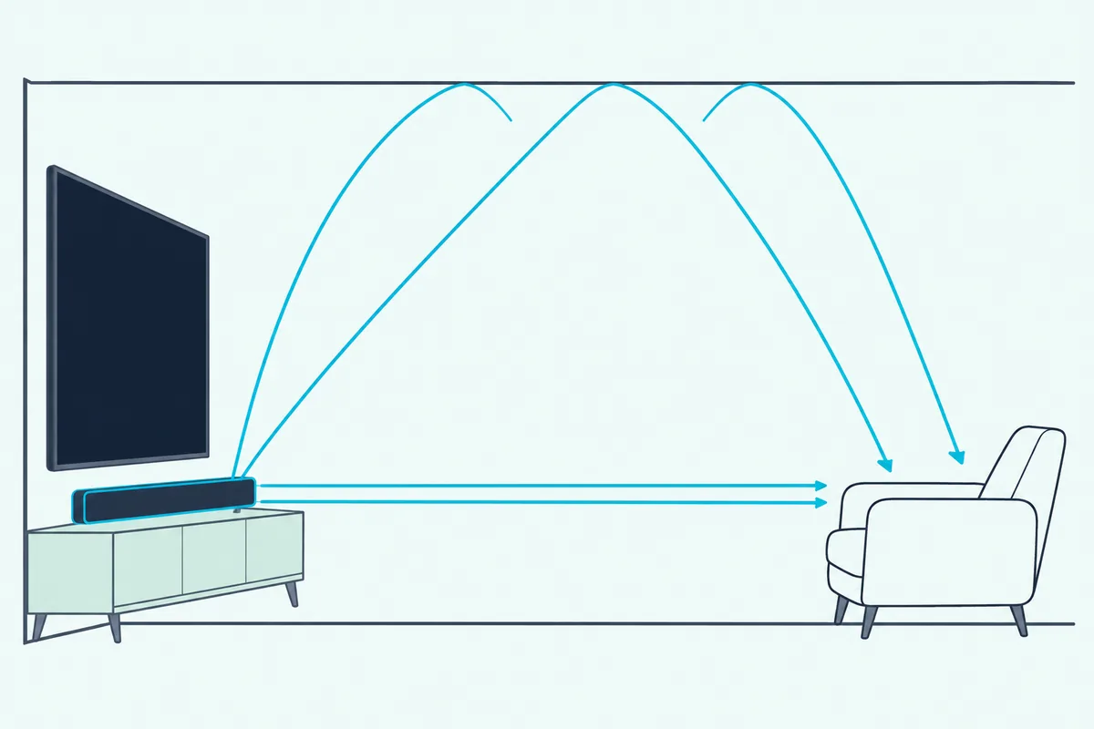 Soundbar under a wall TV with curved sound lines rising from its top and bouncing off the ceiling