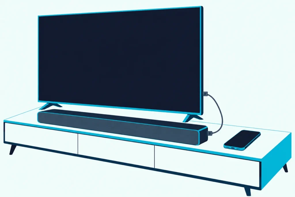 A soundbar connected to a TV by a thin optical cable, with a phone lying beside it as a wireless source