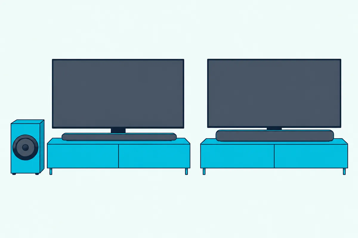 Long slim soundbar on a TV stand beside a tall boxy subwoofer on the floor, next to a second bar standing alone