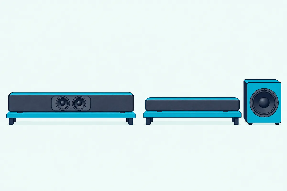 A long soundbar with two small woofers drawn inside it next to a second soundbar paired with a separate boxy subwoofer