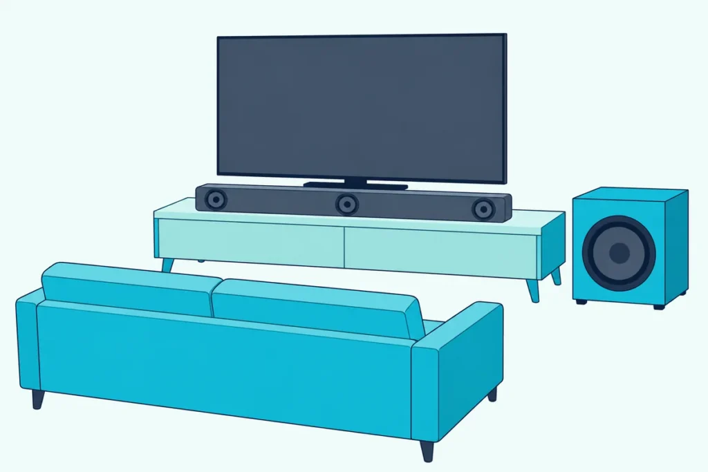 Soundbar with left, center and right speakers under a blank TV, a wireless subwoofer beside the stand and an empty sofa