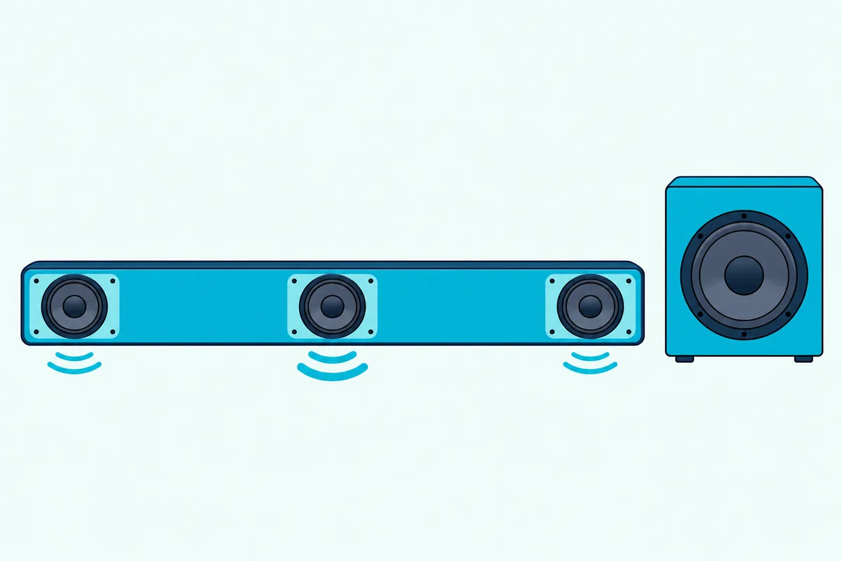 A front view of a soundbar with three marked speaker zones for left, center and right, and a subwoofer beside it
