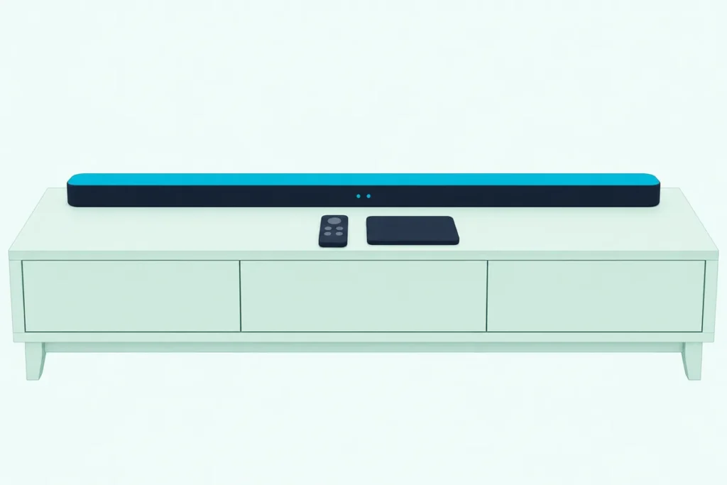 Soundbar on a low console with a small remote and a smartphone lying face down in front of it