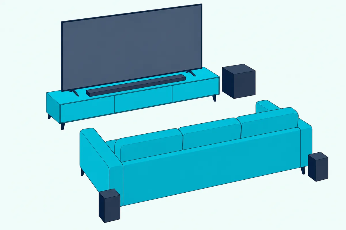 Long soundbar in front of a large TV with a subwoofer beside the console and two small rear speakers behind a sofa