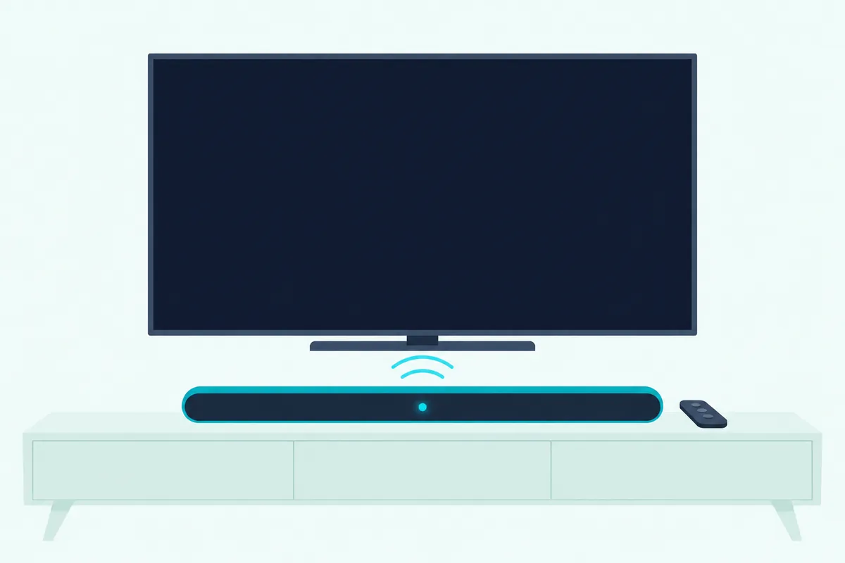Slim soundbar on a TV stand with a small teal light glowing on its front, beside a plain remote control