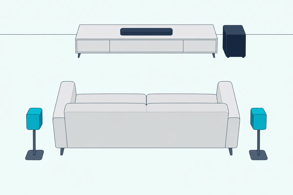 Long slim soundbar with its two end speakers lifted off and set apart, with a subwoofer box beside it