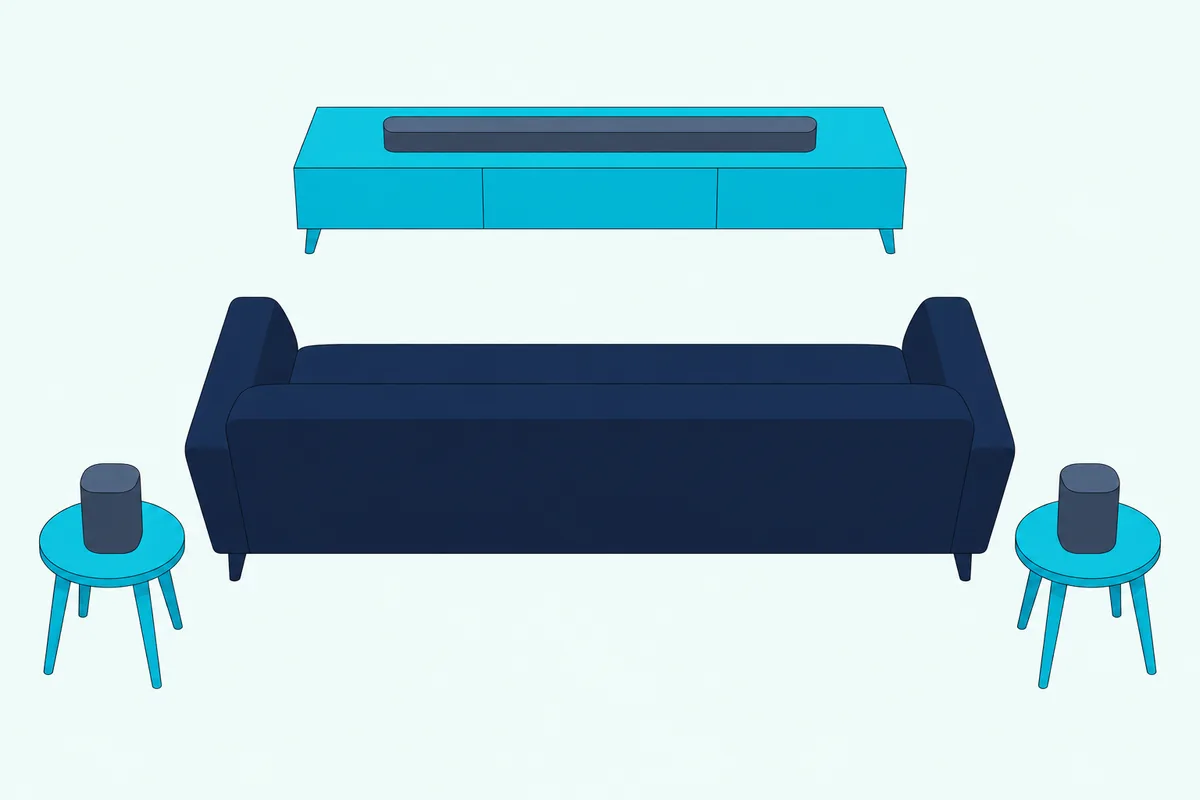 Soundbar on a low TV stand with two small rear speakers on side tables in an empty living room