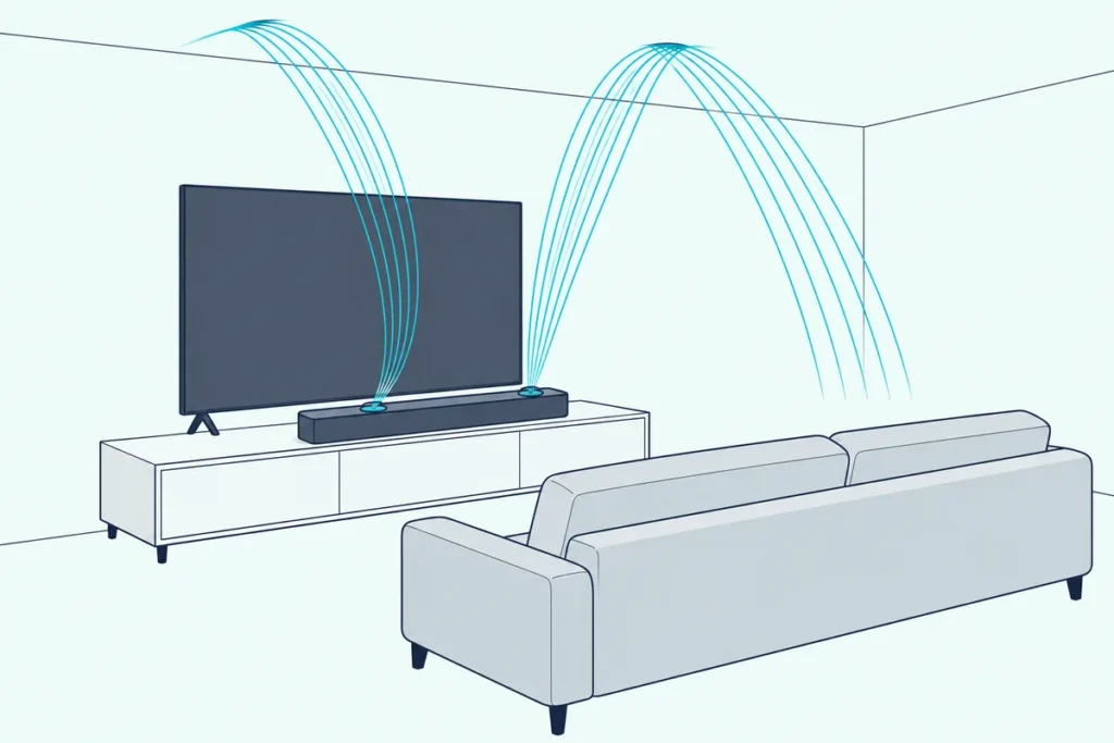 Soundbar under a blank TV sending sound arcs up to a flat ceiling and down toward a sofa