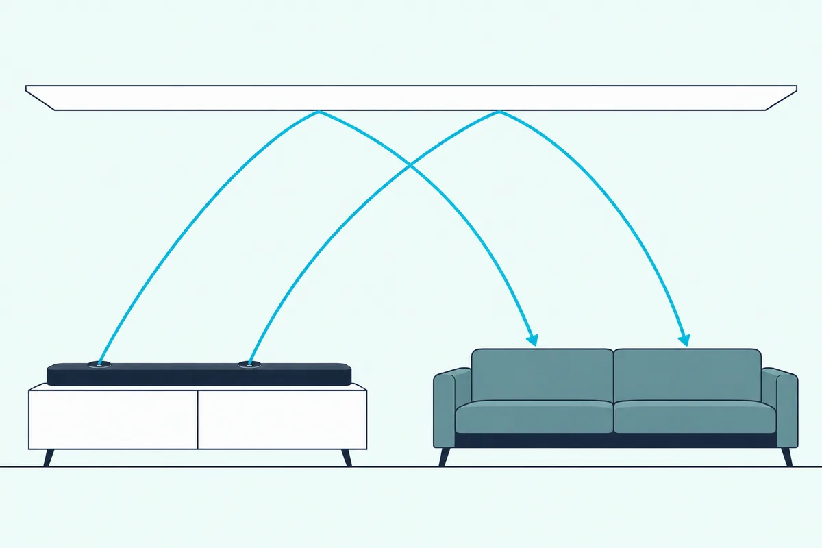 Soundbar with two small drivers angled up on its top surface, with sound arcs bouncing off a plain ceiling toward a sofa