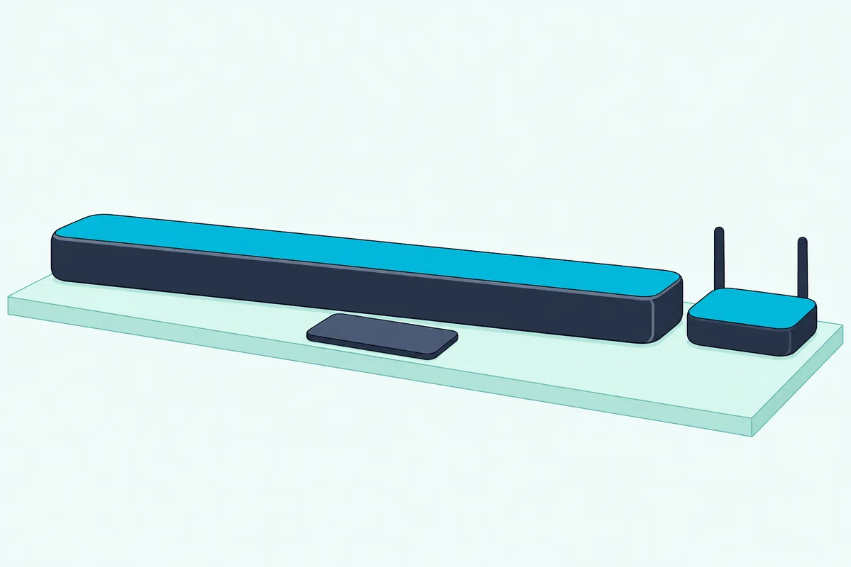 Soundbar on a low shelf with a home Wi-Fi router beside it and a smartphone with a blank screen in front