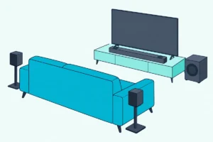 Soundbar under a TV with a wireless subwoofer beside it and two small rear speakers behind an empty sofa