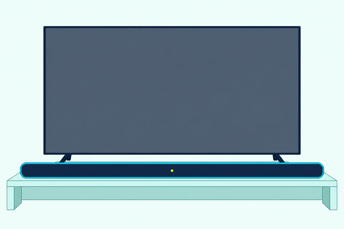 Long soundbar on a TV stand with one small yellow light glowing on its front under a TV with a blank screen