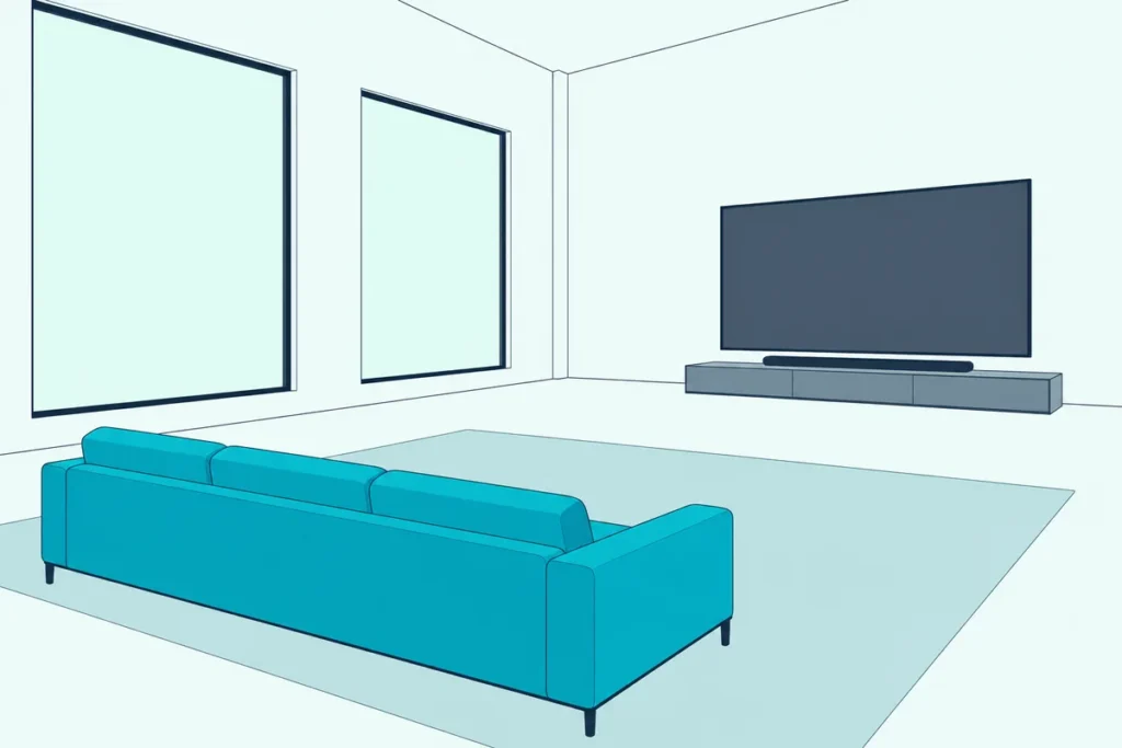 Spacious living room with a large TV and long soundbar on the far wall and a sofa set far back across the floor