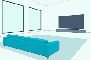 Spacious living room with a large TV and long soundbar on the far wall and a sofa set far back across the floor