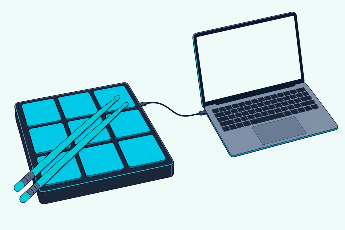 A square drum pad with nine pads and two drumsticks lying across it