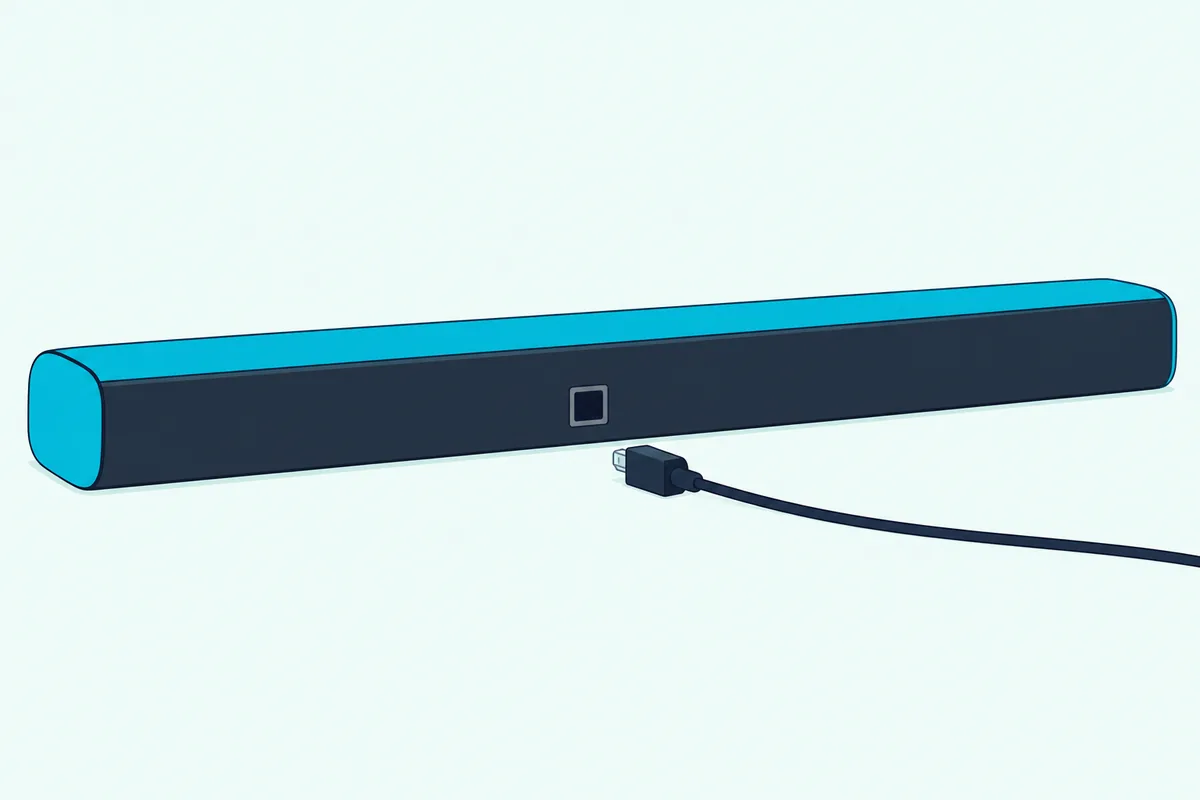 Square optical audio plug at the end of a cable beside the back panel of a soundbar