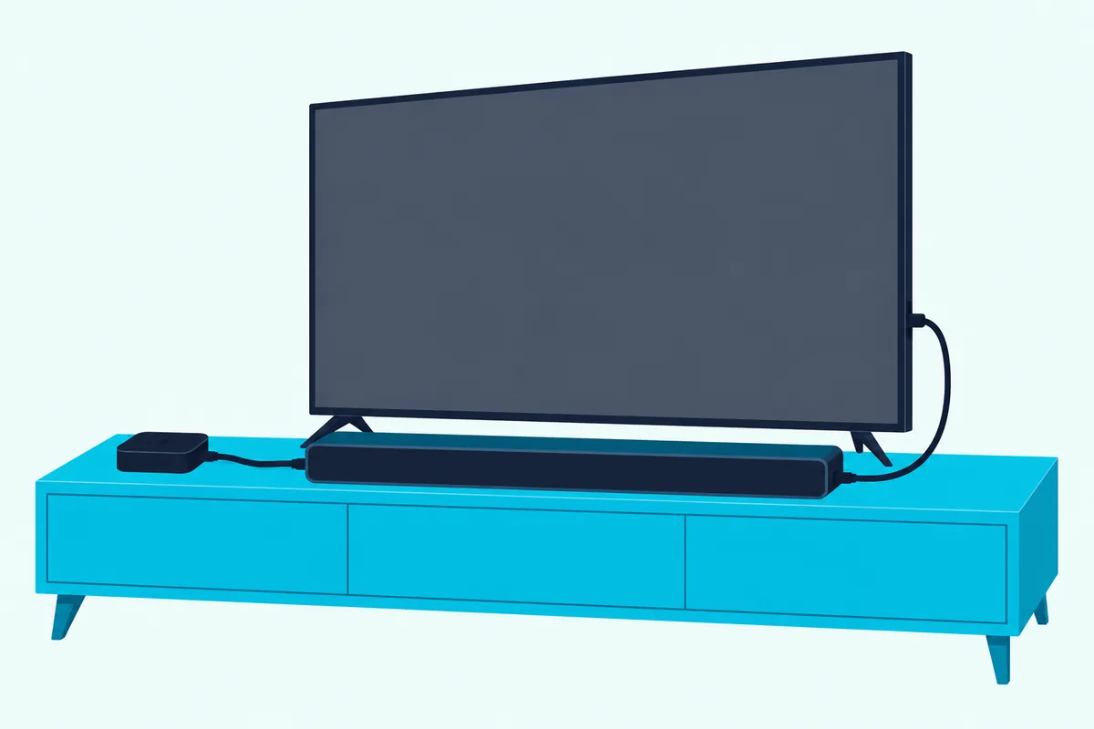 Small streaming box cabled to a soundbar, and the soundbar cabled to a TV
