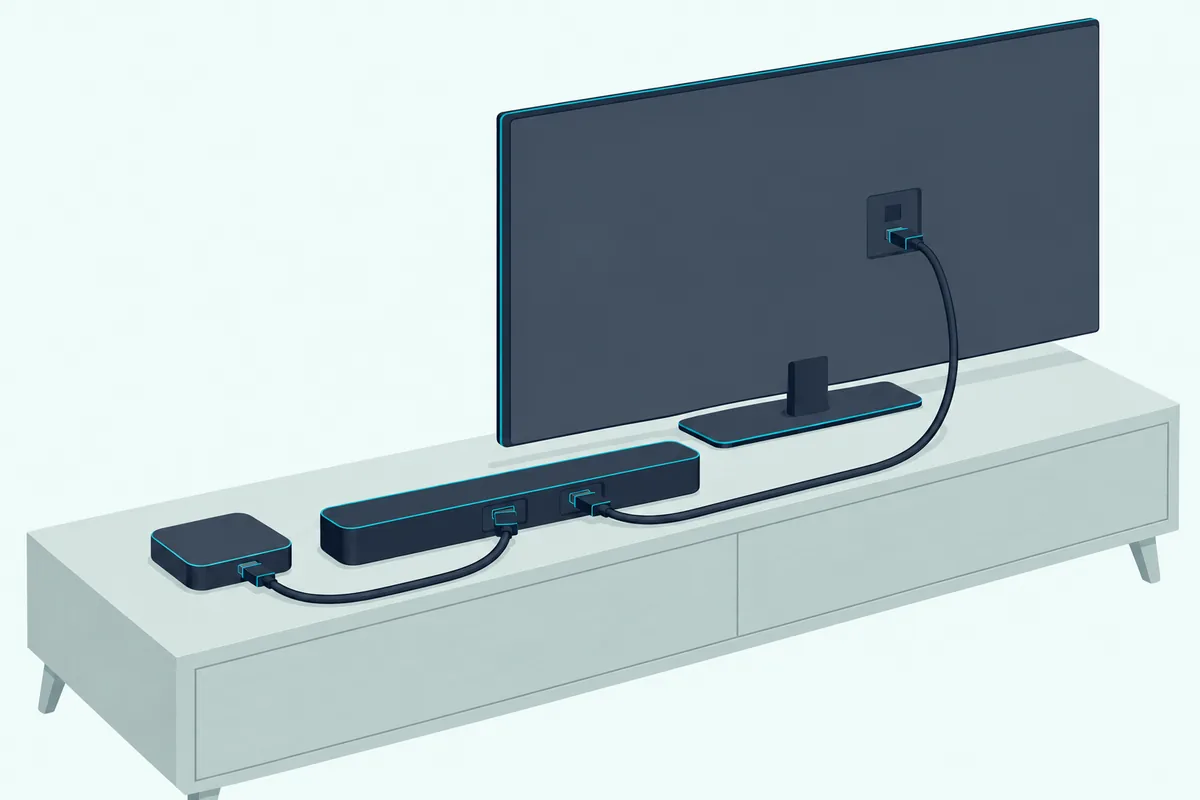 Small streaming box cabled into a soundbar, with a second cable from the soundbar up to a TV