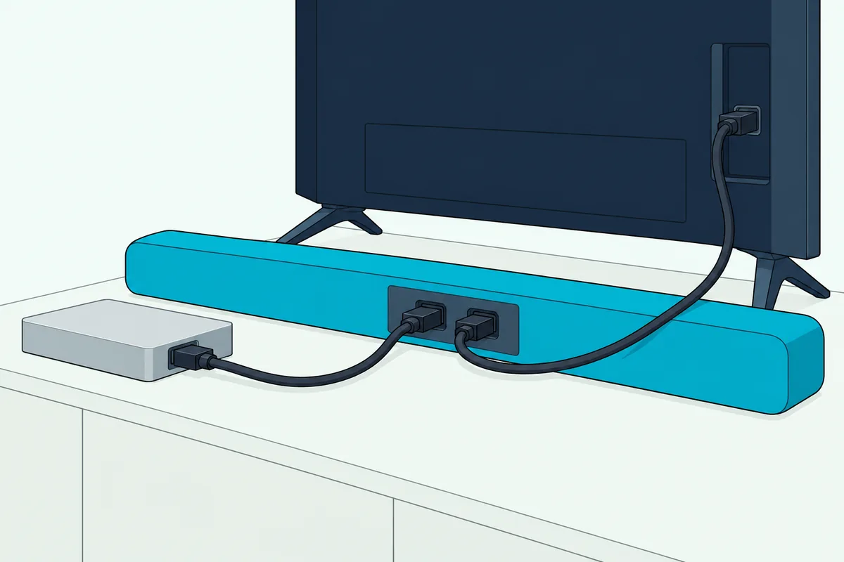 Small light-gray streaming box with an HDMI cable into the back of a soundbar and a second HDMI cable up to a TV