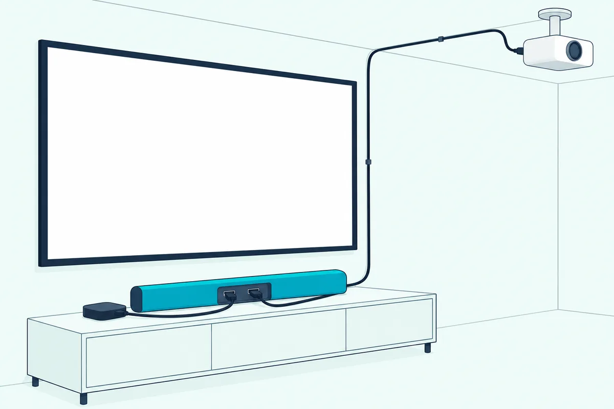 Streaming box with an HDMI cable into a soundbar and a long HDMI cable from the soundbar up to a ceiling projector