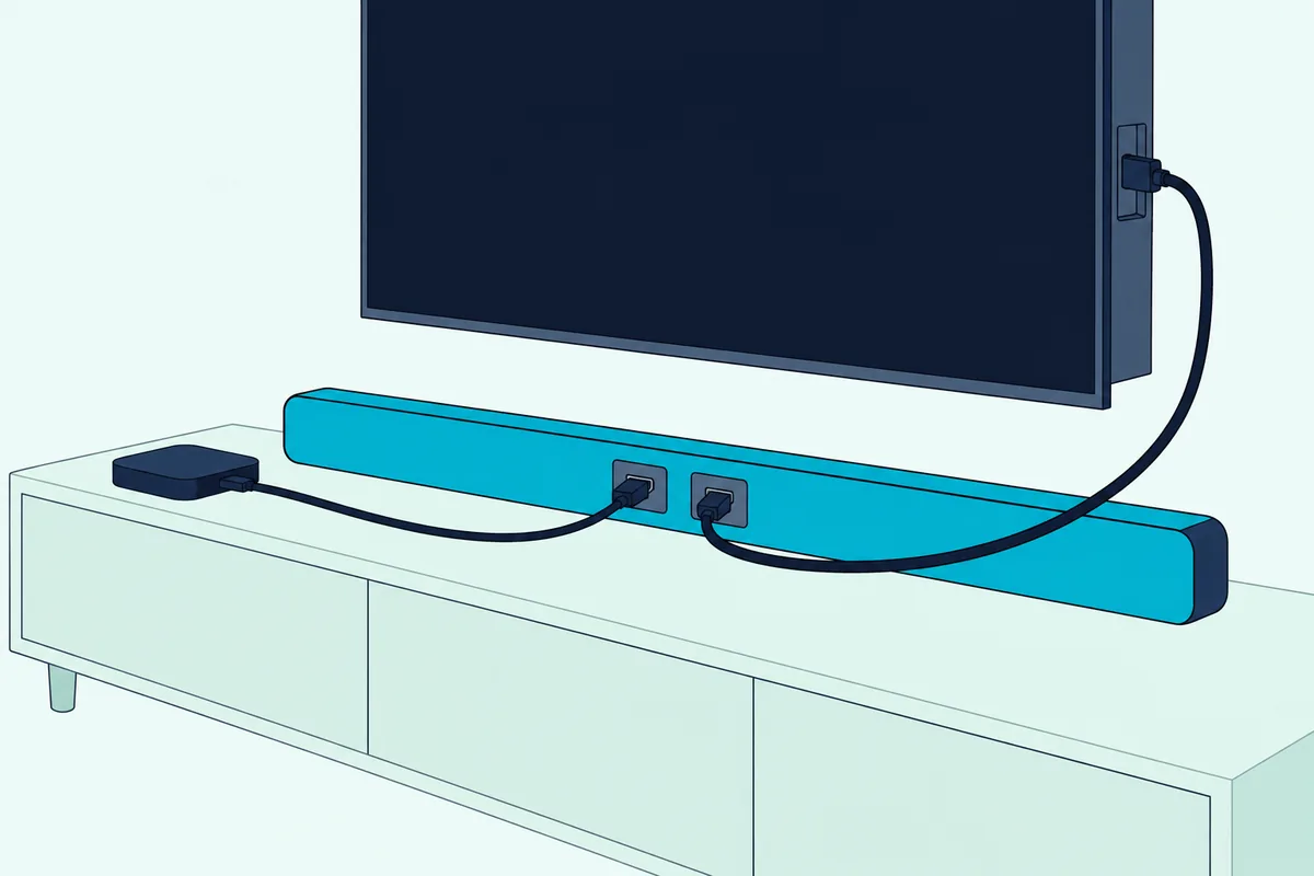 Small streaming box with a cable into the back of a soundbar and a second cable from the soundbar up to a wall TV