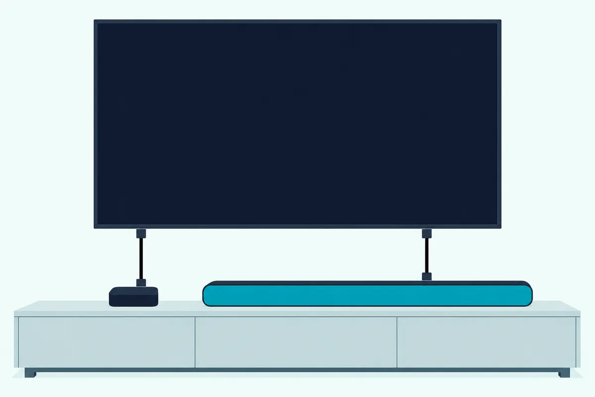 Small streaming box beside a wall TV with one cable into the TV and a second cable from the TV down to a soundbar