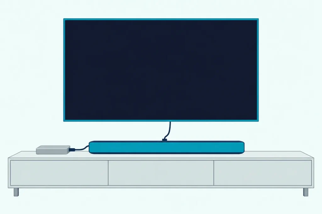 Streaming box, wall-mounted TV and soundbar on a low wooden console, joined by two HDMI cables