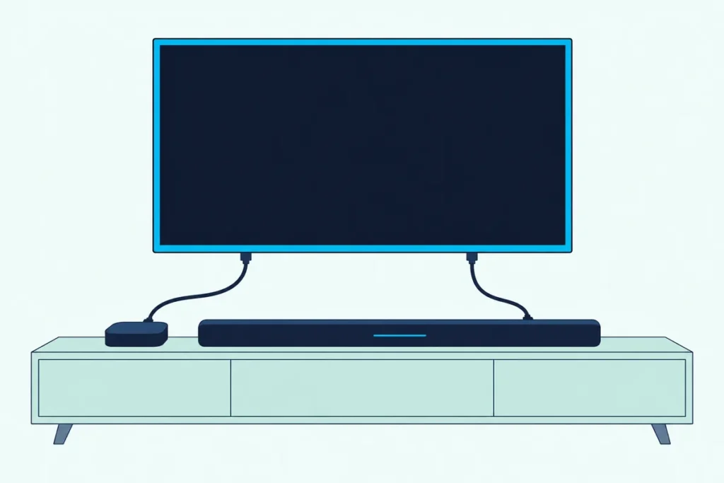 Streaming box, wall-mounted TV and soundbar on a living-room console, joined by two HDMI cables