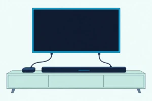 Streaming box, wall-mounted TV and soundbar on a living-room console, joined by two HDMI cables