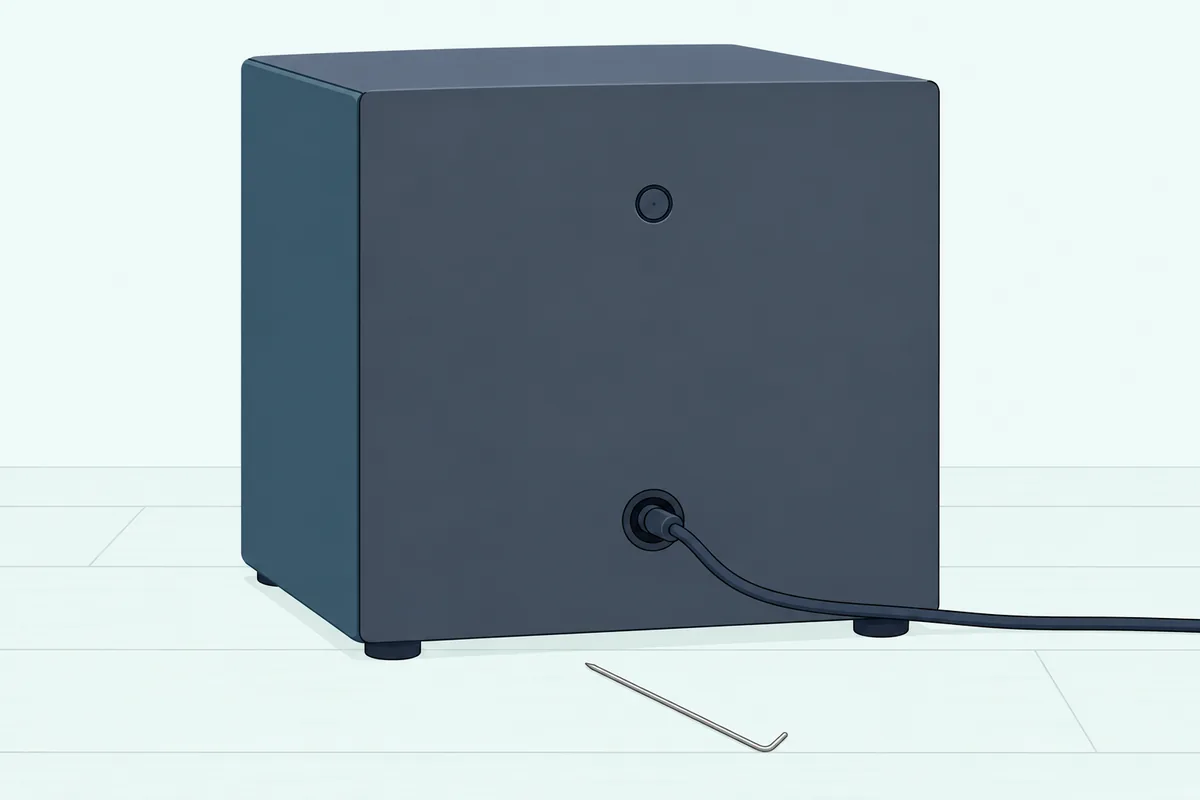 Back of a dark cube subwoofer with one small round button and a straightened paper clip lying in front