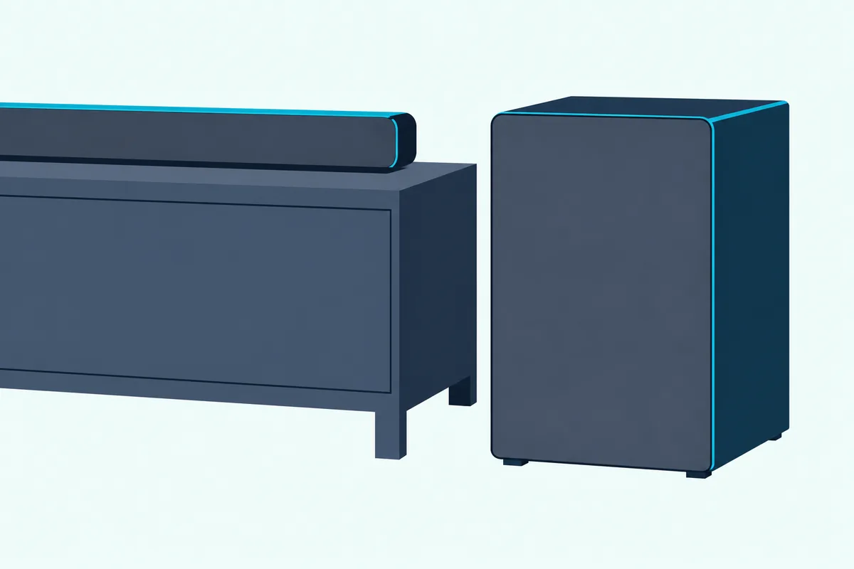 Plain subwoofer box on the floor beside a low console, with the end of a long soundbar on top