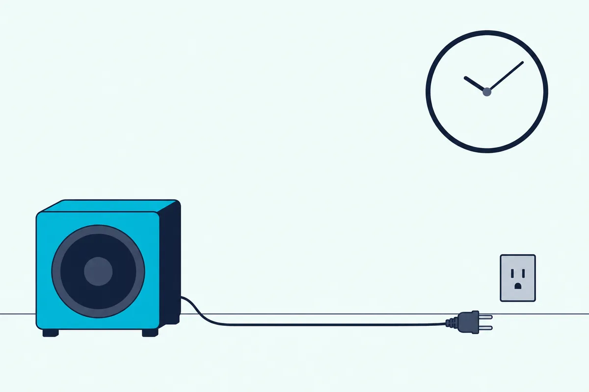 Subwoofer's power plug pulled from the wall outlet, lying on the floor below a plain wall clock without numbers