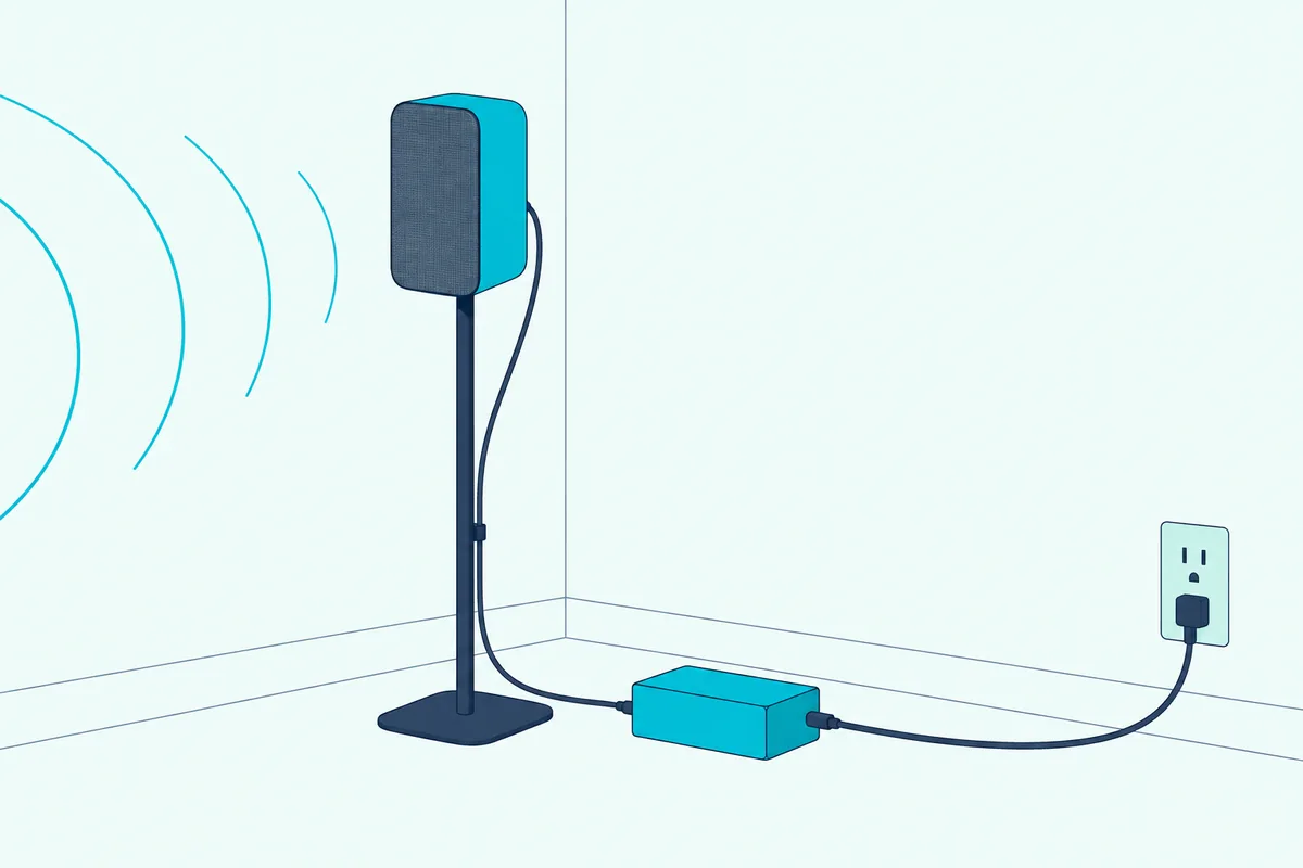 Small surround speaker on a stand wired to a boxy wireless receiver whose power cord runs to a wall outlet