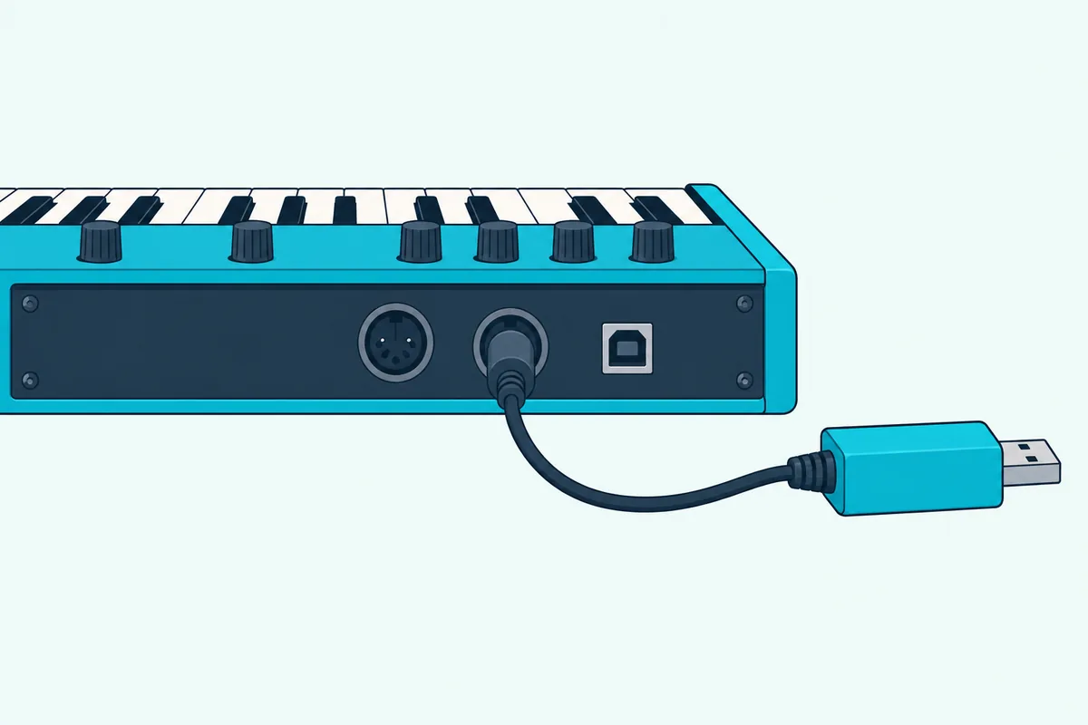 The back edge of a synthesizer with round and square sockets, one cable running to a small adapter box